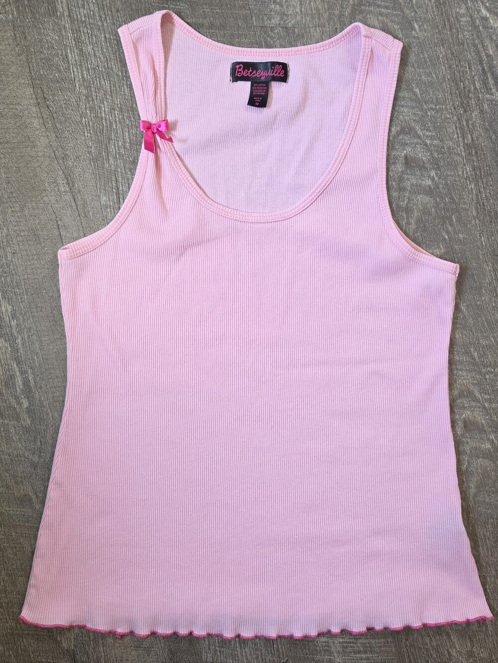 Betsey Johnson Betseyville Ribbed Tank w/ Lettuce Hem Womens M Pink Bow Deatil - Picture 6 of 11